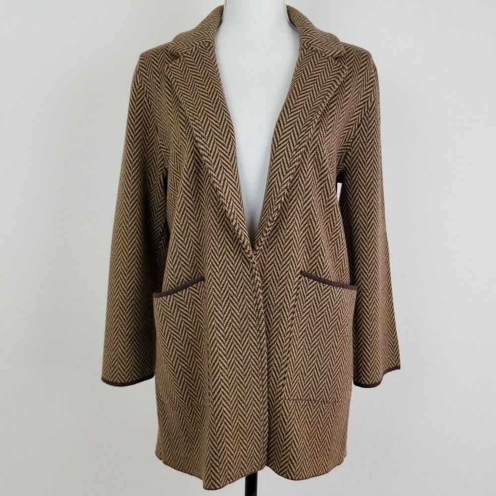 J Crew Womens Brown Beige Tan Knit Herringbone Jacket Pockets Long Sleeve Coat S